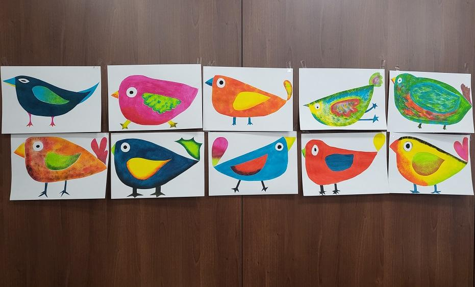 Différentes créations d'oiseaux lors des ateliers