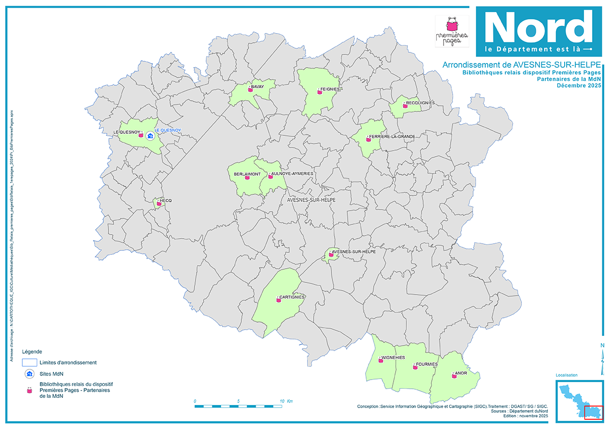 Carte des bibliothèques relais Premières Pages - Arrondissement d'Avesnes-sur-Helpe Arrondissement d'Avesnes-sur-Helpe : Anor, Aulnoye-Aymeries, Avesnes-sur-Helpe, Bavay, Berlaimont, Cartignies, Feignies, Ferrière-la-Grande, Fourmies, Hecq, Le Quesnoy, Recquignies et Wignehies