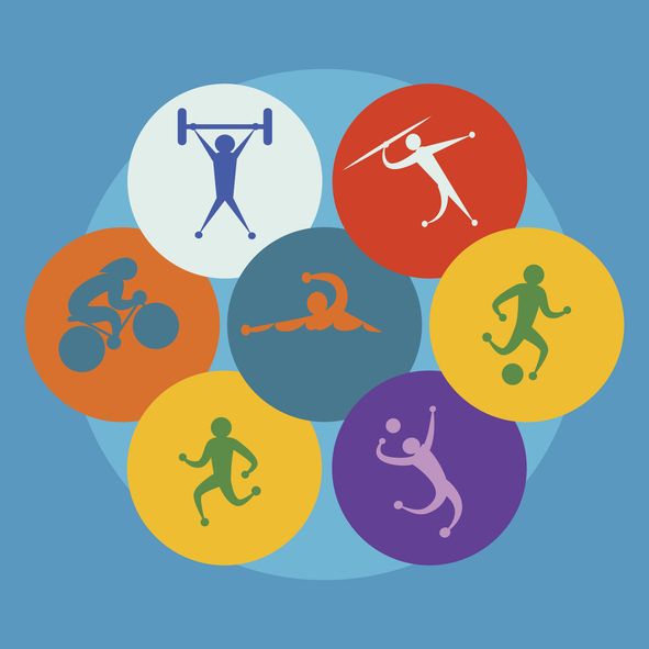Icônes colorées représentant différents sports (course, foot, natation...)