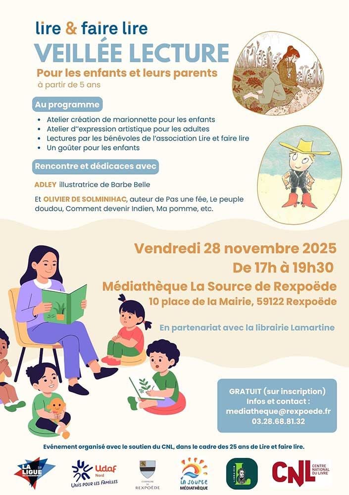 Veillée lecture pour les enfants et leurs parents vendredi 28 novembre 2025 de 17h à 19h30 à la Médiathèque de Rexpoëde